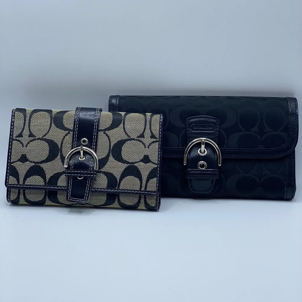 Y2K COACH Bundle Classic Buckle Black Grey Canvas Leather Trifold Wallets Bundle